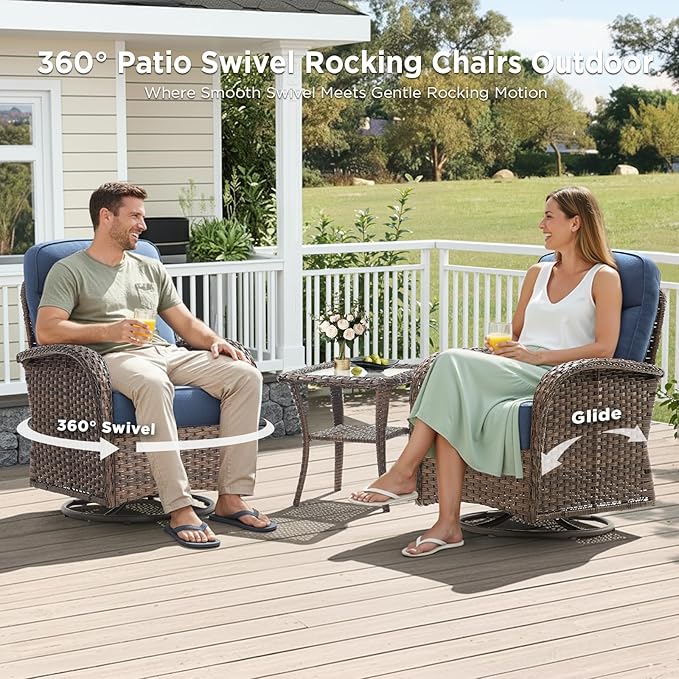 8 Pieces Luxury Patio Furniture Set with 42.5" Fire Pit Table, 6-Inch Thick Cushions Wicker Outdoor Furniture with Outdoor Rocking Chairs Set of 4, Outdoor Patio Conversation Set for Garden, Blue