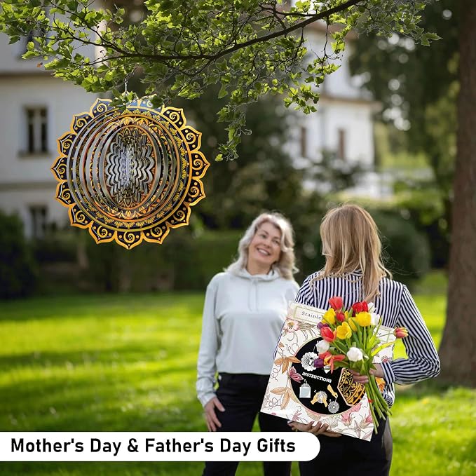 Aoedelyart Wind Spinner Mandala Rich Gold‌,12In Stainless Steel Wind Spinners Outdoor,Garden Gift for Women Mom Father Men Friend,Hanging Wind Sculptures & Spinners Kinetic Yard Art Decorations