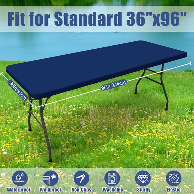 Moosfor Spandex 8 Foot Rectangle Table Cloth 2 Pack, Elastic Fitted Tablecloths for Picnic, Stretch Washable Patio Table Cover for Outdoor, Camping, Banquet and Parties (Navy, 36"x96")
