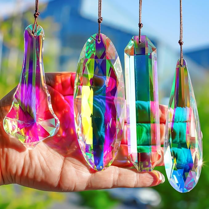 4 Pcs Crystal Prism Suncatcher Pendants Chandelier Window Garden Decor | Rainbow Chandelier Prisms Suncatcher Hanging Ornaments for Window Garden Home Office Party Decor Accent