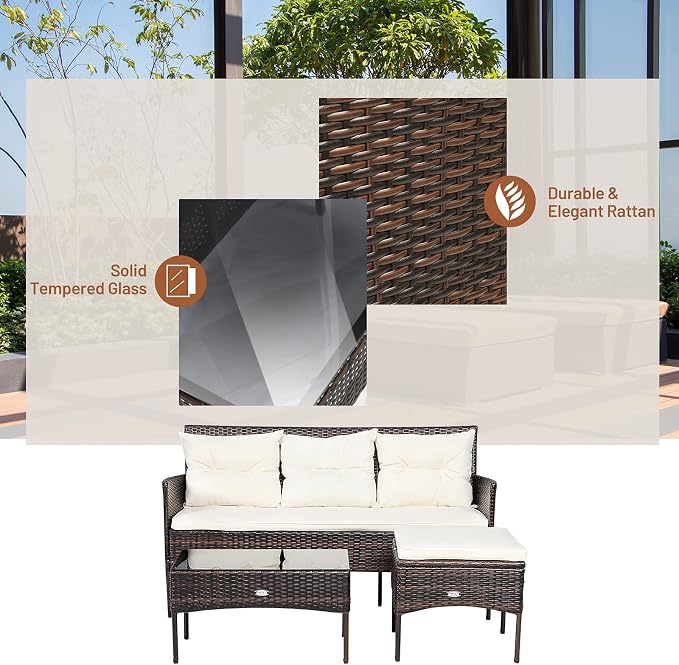 RELAX4LIFE 3 Pieces Patio Furniture Sectional Set, Rattan Wicker Conversation W/ 5 Cozy Seat & Back Cushions, Tempered Glass Coffee Table for Poolside, Balcony Outdoor Furniture (Beige+Brown)