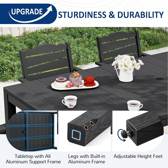 7-Piece Patio Dining Sets, Outdoor Dining Table w/Aluminum Frame and 6 Chairs, Weatherproof HIPS Dining Furniture Set with Umbrella Hole, for Backyard, Garden, Lawn, and Poolside, Black