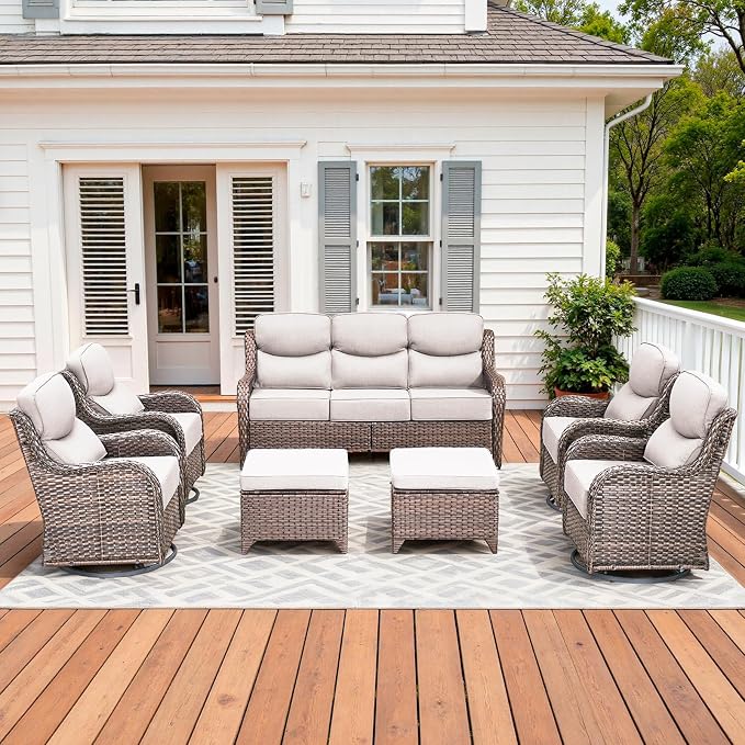 Luxury High Back Patio Furniture Set with 6-Inch Thick Cushions, 7-Pieces Outdoor Furniture with Swivel Chairs, Wicker Conversation Set for Porch, Balcony, Deck and Yard, Brown/Beige