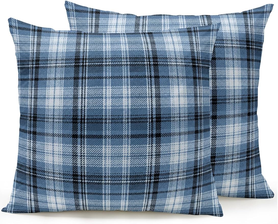Waterproof Outdoor Pillow Set of 2 Blue Checked Plaid Decorative Throw Pillows Cover & Insert 16x16 Inch Pillowcase Stripes Woven Grid Square Pillows for Couch Sofa Bed Patio Furniture Indoor Outdoor