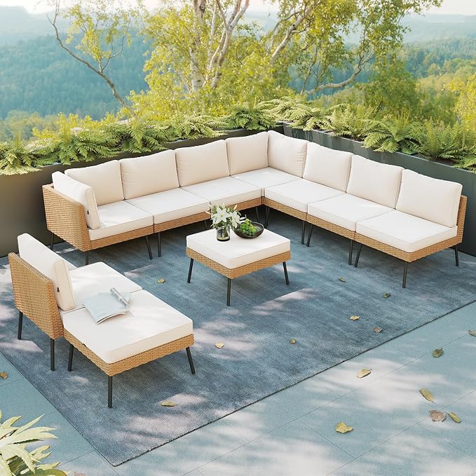 Aoxun 10 Piece Patio Furniture Set, 10 Seats Outdoor Sectional Sofas with Thick Cushion, Wicker Outdoor Patio Furniture Set with Ottomans for Party, Garden, Backyard, Beige