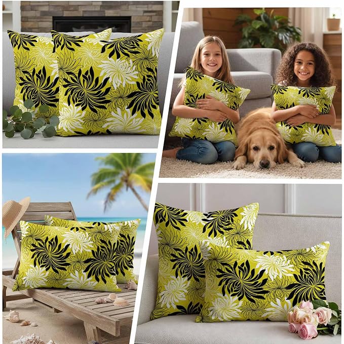 Yukro Yellow Black Floral Outdoor Waterproof Pillow Covers Pack of 2, Vintage Yellow White Black Flower Decorative Throw Pillowcases Cushion Covers for Garden Patio Tent Sofa Couch, 18x18 inch