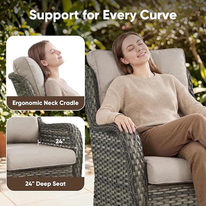 Belord Outdoor Swivel Chairs Set of 2,Patio Wicker Rocker Chairs,All Weather Patio Conversation Furniture Set, Ideal for Porch Balcony Deck Yard, Gray Wicker/Beige