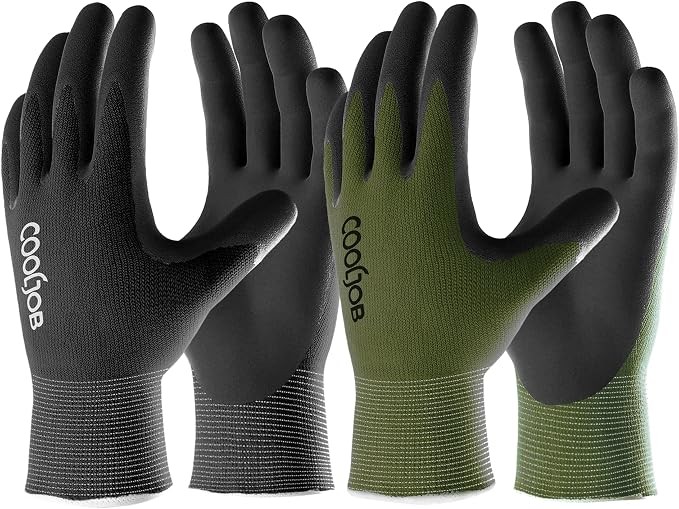 COOLJOB 2 Pairs Gardening Gloves for Men, Breathable Rubber Coated, Large | Garden Gloves Bulk, Non Slip Palm Dipped Grip for Weeding Landscaping, Outside Work for Lawn Yard, Black&Green