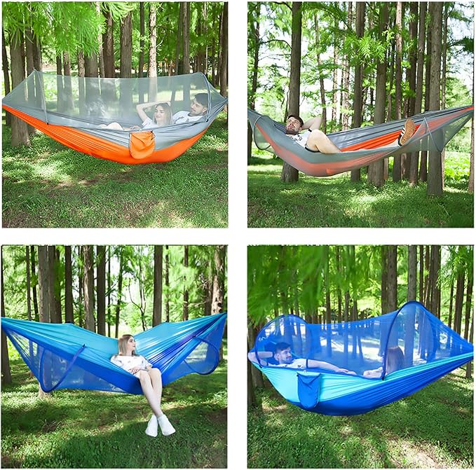 LFL Camping Hammock with Mosquito Net, Hammocks with 13ft Tree Straps Carabiners, Automatic Quick Open Outdoor Portable Hammock, Nylon Parachute Material Outside Hammocks with Net (Orange)