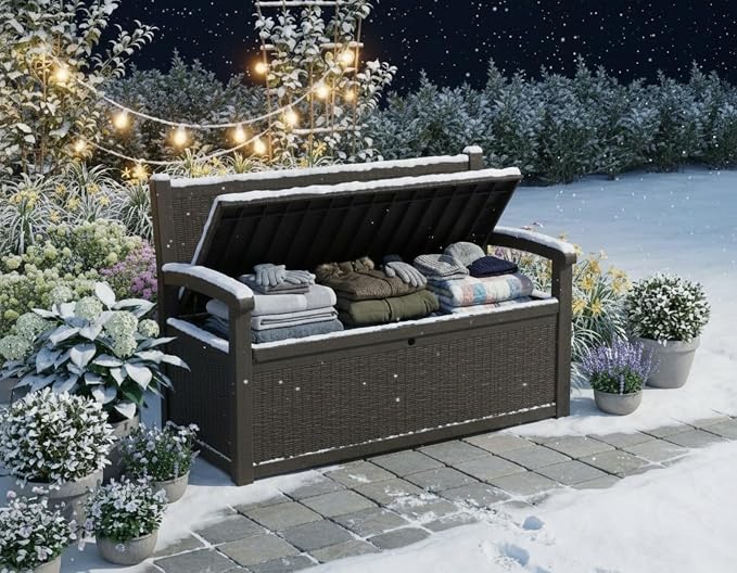80 Gallon Outdoor Storage Bench, Waterproof Patio Deck Box with Lockable Lid for Garden & Porch, All-Weather Resin Furniture for Cushions, Tools, Pool Accessories