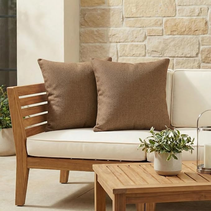 RSH DECOR: Outdura Square Throw Pillows Set of 2 | 17" x 17" | Water and Fade-Resistant Performance Fabric | Outdoor Pillow Covers with Down-Alternative Inserts | Made in USA (Canvas Sepia)