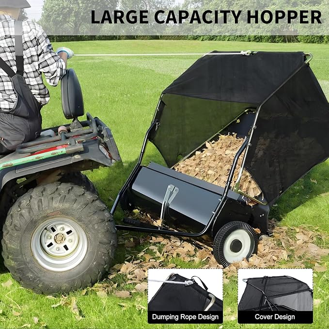 Pull Behind Lawn Sweeper with Dumping Rope, 44” Tow Behind Leaf Collector, Adjustable Height Yard Sweeper with Large Hopper, Easy Storage Folding Design for Garden Tractors Black