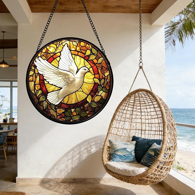 DASTOLL Stained Glass Window Hanging, Flying White Dove Sun Catchers Diamond Glass Panel Hangings Cute Birds Suncatcher Decor for Birthday for Women, Men, Wife, Aunt,and Mom 7.8X7.8IN