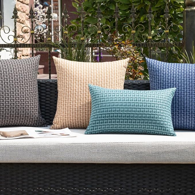 Kevin Textile Outdoor Waterproof 24"x24" Pillow Covers 2 Pack, Teal | Water Resistant Weaving Faux Linen Texture Throw Pillow Covers, Outside Decorative Pillowcases for Garden Patio Balcony Couch