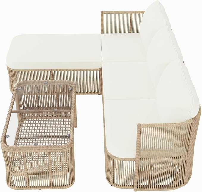 Christopher Knight Home Outdoor Patio Furniture Set, PE Rattan Wicker Conversation Sofa Set with Iron Frame Cushions and Glass Top Coffee Table, Modular Backyard Balcony Seating Set, Dark Beige