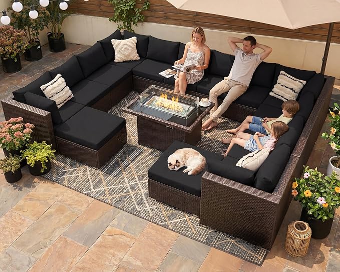 BULEXYARD 15 Piece Highback Wicker Patio Furniture Sets with Firepit, All-Weather Heavy Duty Outdoor Conversation Set Modular, Extra Deep Wide 14-Seats Sectional Couch Sofa for Backyard, Brown & Black