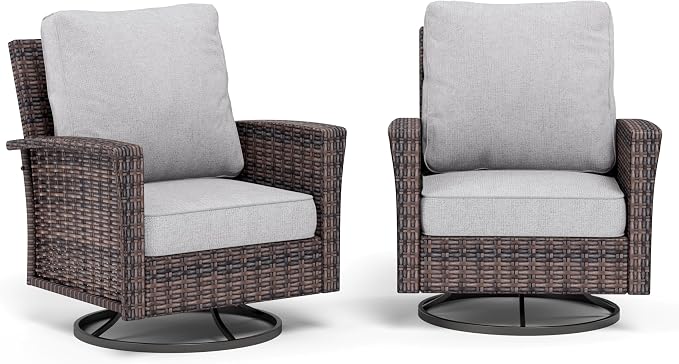 SUNSHINE VALLEY Patio Wicker Swivel Chairs Set of 2, Outdoor High Back Chairs with 5.5" Waterproof Cushions, Outdoor Furniture Set for Deck Porch and Yard, Light Grey