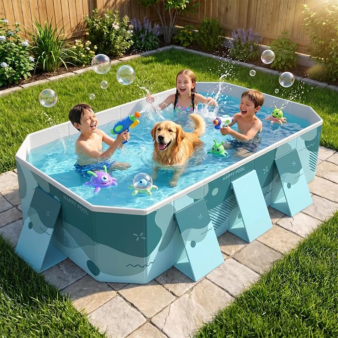 113" Foldable Pool for Adults & Kids, Large Capacity Non Inflatable Pool, Portable Hard-Side Foldable Swimming Pool, Above Ground Pool for Indoor Outdoor Backyard, Garden & Patio (Film Green)