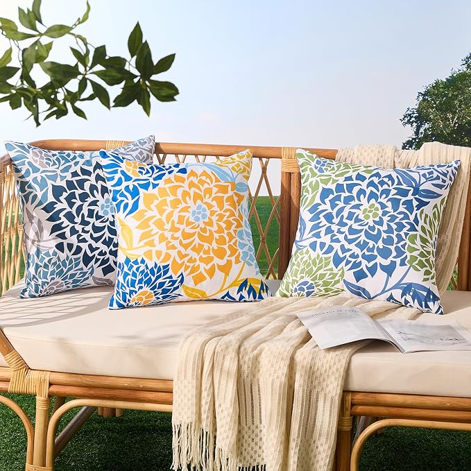 Allorry Outdoor Pillow Covers 18x18 Set of 2 Navy Blue Flower Pattern Decoration Throw Pillow Covers for Spring Summer Outdoor Waterproof Furniture Garden Patio Sofa Bedroom Home Decor JB011-C18