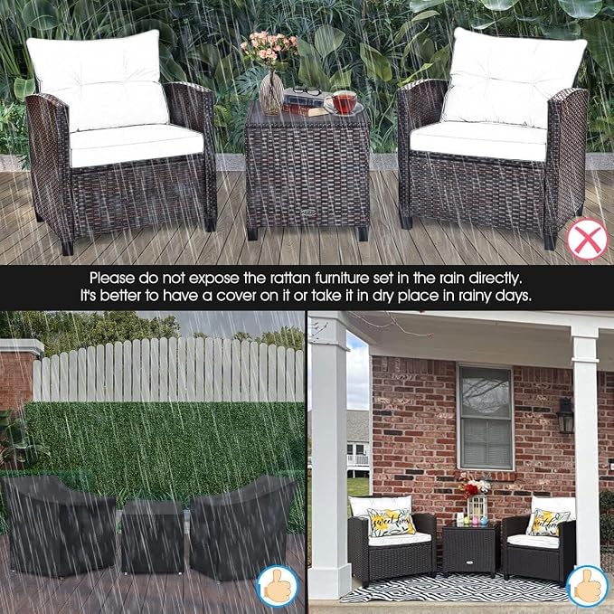 HOMGX 3 Pieces PE Rattan Wicker Patio Sofa Chairs, Outdoor Furniture Conversation Sets with Washable Cushion & Glass Table, Rattan Sofa Set for Balcony, Porch, Yard, Backyard, Lawn, (Mix Brown)