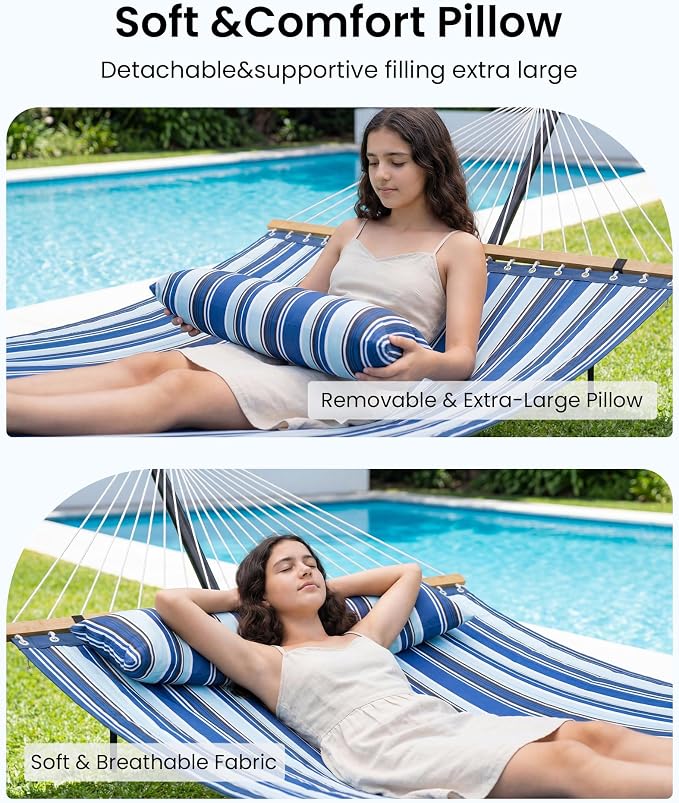 ANAGOO Double Hammock with Spreader Bar & Pillow, 2-Person Portable Hammock, 500lbs Capacity for Outdoor Camping, Patio, Backyard, Garden, Beach & Travel Relaxation – Blue