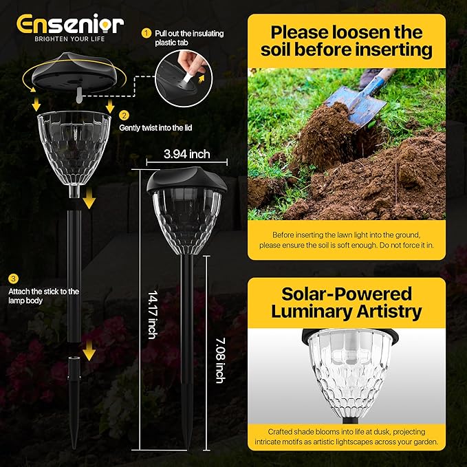 Ensenior 12-Pack Solar Lights Outdoor, 14.17" Auto ON/Off 3000K LED Solar Garden Lights for Pathway, Yard, Patio, Walkway, Planter, Waterproof, Energy-Efficient Landscape Lighting