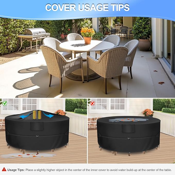 Round Patio Furniture Set Cover, Patio Table Cover Waterproof, Heavy Duty Outdoor Table and Chair Set Cover,Outdoor Furniture Covers for Patio Furniture, 84"Dia x 28"H, Black
