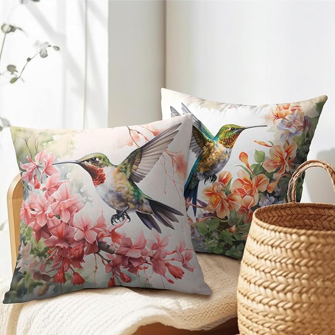 Watercolor Bird Throw Pillow Covers - Spring Hummingbird Outdoor Pillow Covers 20x20 Inch Summer Tropical Flowers Cushion Cases Set of 2 Pillowcase for Patio Furniture Bed, PCYMHumming1L