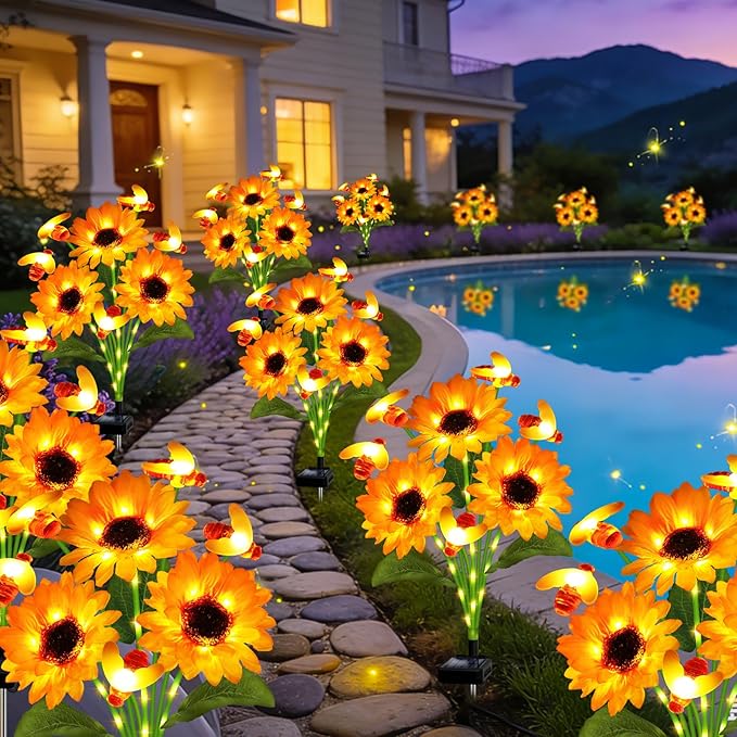 Kohlrabi Solar Garden Lights-4 Pack Solar Sunflowers with Swaying Bees, Gifts for Mom Women Mothers Day Birthday, Waterproof Sunflower Light for Outdoor Patio Yard Decor