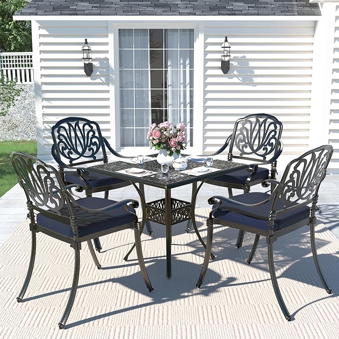 MEETWARM 5-Piece Outdoor Patio Dining Set, All-Weather Cast Aluminum Patio Conversation Set for Backyard Garden Deck with 4 Chairs, 4 Cushions and 35.4" Square Table, 2.2" Umbrella Hole, Navy Blue