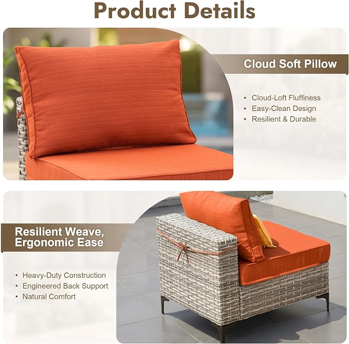 7 Pieces Patio Furniture Set with Solar Light Coffee Table, All-Weather Rattan Outdoor Sectional Conversation Sets L Shaped Sofas with Thick Cushions for Porch Balcony Backyard Orange