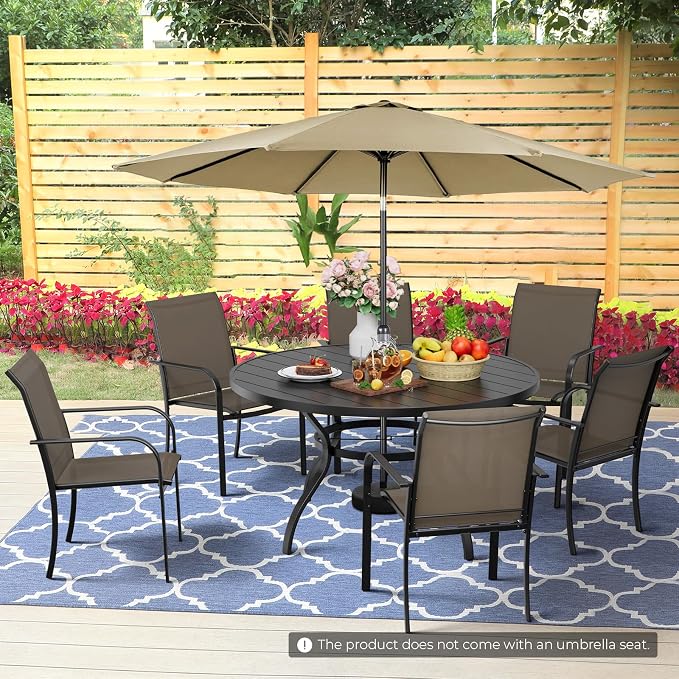 7-Piece Patio Dining Set with Umbrella,6 Person Outdoor Table and Chairs Set, 6 Metal Dining Chairs and Round Outdoor Table with 1.57" Umbrella Hole,Khaki