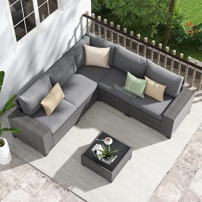 JOIVI 6 Pieces Outdoor Patio Furniture Set, Rattan Patio Sectional Sofa Conversation Set with Coffee Table, PE Wicker L-Shaped Sofa Set with Cushions for Garden, Backyard, Deck, Gray