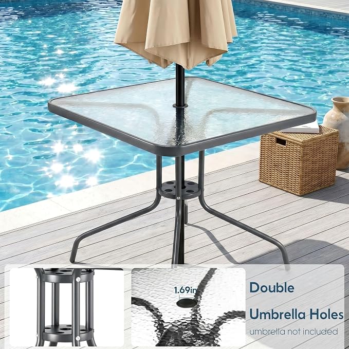 Arlopu 5 Piece Outdoor Patio Dining Set (Umbrella not Included), Porch Furniture with 4 Textline Chairs, 1 Square Glass Table for Garden, Backyard and Poolside, Lawn (Blue)