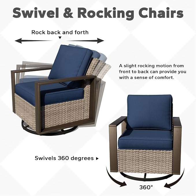 Outdoor Patio Swivel Rocker Chairs, 7 Pieces Wicker Furniture Set, 2 Swivel Rocking Chairs, 2 Sofa 2 Ottoman and 1 Table, Wide Armrest, Thick Cushions and Deep Seating for Garden, Backyard, Porch