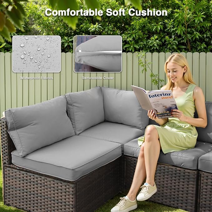 11 Piece Patio Furniture Set All Weather PE Rattan Outdoor Sectional Sofa Couch with No-Slip Cushions and Glass Top Table for Garden, Poolside, Backyard (Gray)