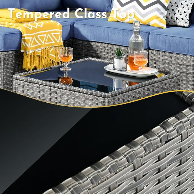 Weaxty 5 Pieces Patio Furniture Sets,Wicker Outdoor Sectional Sofa with Thicken Cushion and Rattan Coffee Table,Patio Conversation Couch Set for Porch, Balcony,Yard, Poolside,Denim Blue