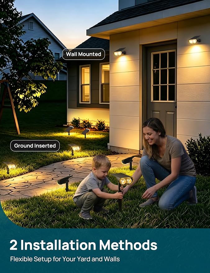 Linkind Solar Lights Outdoor Waterproof LED Spotlights Warm White 4 Pack | Starray, 3 Lighting Modes, 650LM, 3000K, Dusk to Dawn, In-Ground Wall-Mounted for Landscape Yard Garden Tree Flag Pathway