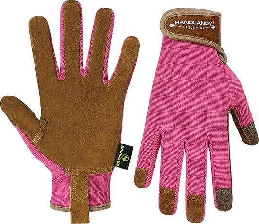 HANDLANDY Gardening Gloves for Women, Leather Garden Glove, Gardener Gift | Breathable Floral Ladies Leather Garden Yard Gloves, for Trimming, Weeding, Digging, Planting, Pruning