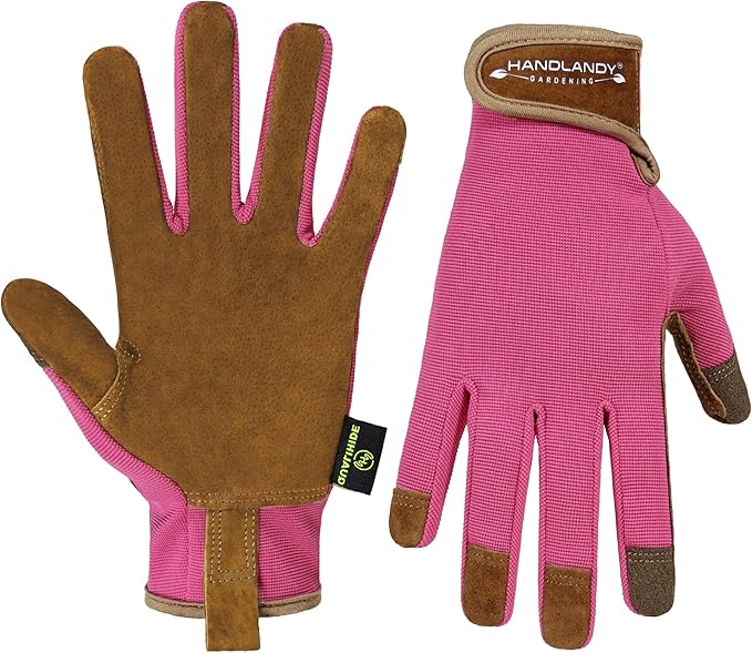 HANDLANDY Gardening Gloves for Women, Leather Garden Glove, Gardener Gift | Breathable Floral Ladies Leather Garden Yard Gloves, for Trimming, Weeding, Digging, Planting, Pruning
