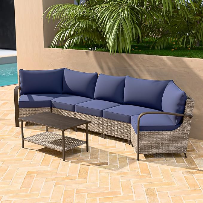 COOS BAY Aurora Terrace 4 Piece Outdoor Sectional Furniture Set, Half Moon Rattan Wicker Conversation Set with 5 Seat Sofa & Coffee Table for Patio Garden Yard, Beige/Blue