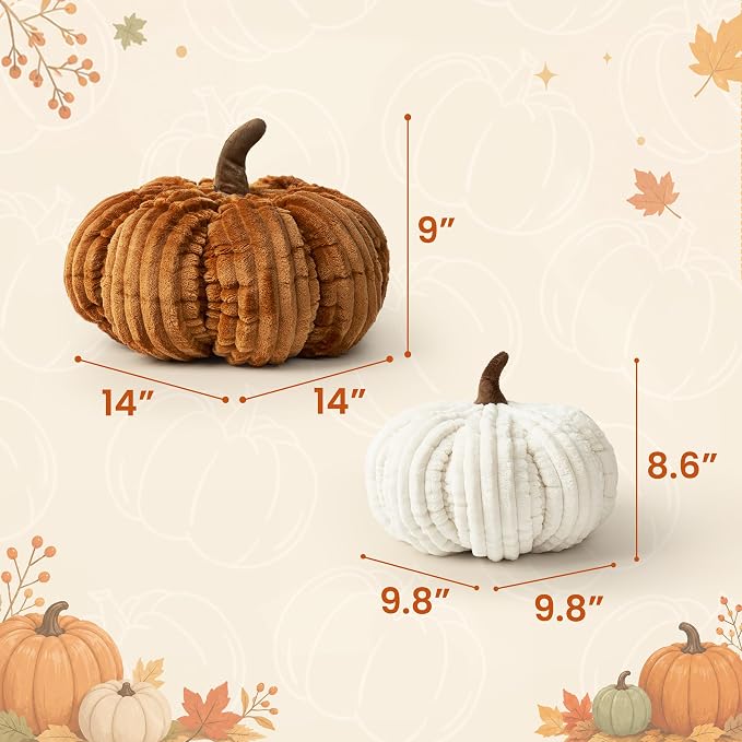 AELS Pumpkin Throw Pillows Set of 2, 14" Cinnamon & Cream Fall Pillows | for Couch Sofa Bed Living Room Home Decor, Farmhouse 3D Fall Halloween Thanksgiving Decorative Accent Pillows