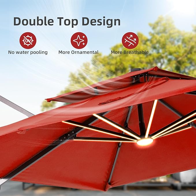 9x12 FT Patio Umbrella with Weighted Base and LED Lights Cantilever Outdoor Large Heavy Duty Rectangle Aluminum Offset Umbrellas Double Top 360 Rotation for Pool Deck Garden, Red