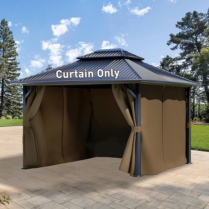 Aoodor 12x16 ft Outdoor Gazebo Curtains, 4 Panels Waterproof Privacy Sidewall Replacement with Zipper for Patio Pergola and Canopy, Brown