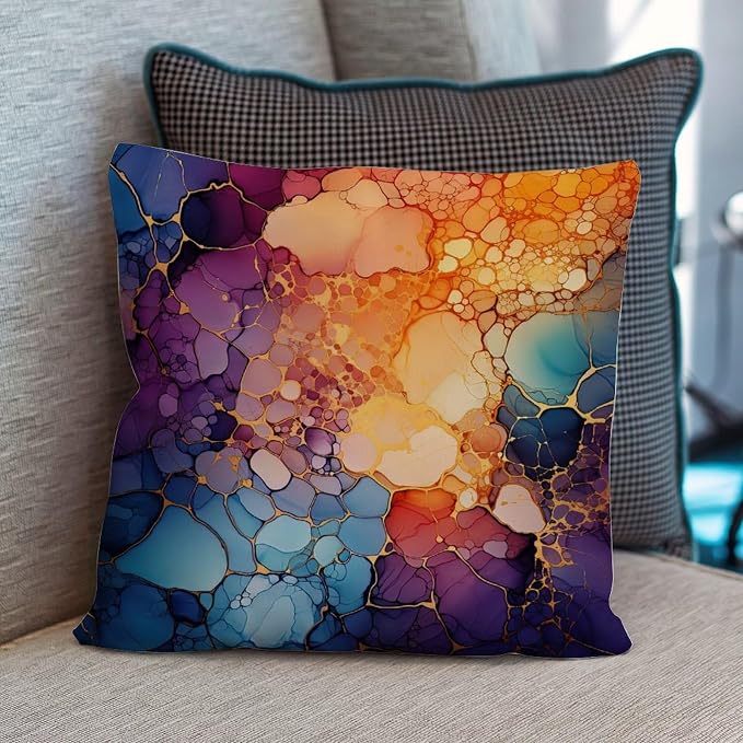 Ink Rainbow Shapes with Gold Pillow Cover Abstract Alcohol Ink Textures Pillow Covers 18x18 INRetro Accent Decorative Cushion Cases Home Decor for Patio Garden Couch Deck Chair