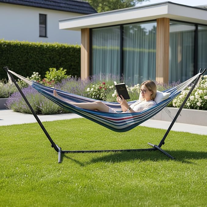 ONCLOUD Double Hammock with 9 FT Stand Space Saving Carrying Case (Purple Blue)