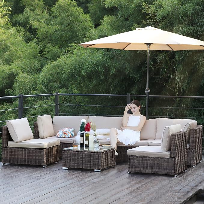7-Piece Outdoor Patio Furniture Set - PE Wicker Sectional Sofa Set,with (Beige) Cushions and Glass-Top Coffee Table, Perfect for Gardens, Poolside, Backyard, Beige/Brown