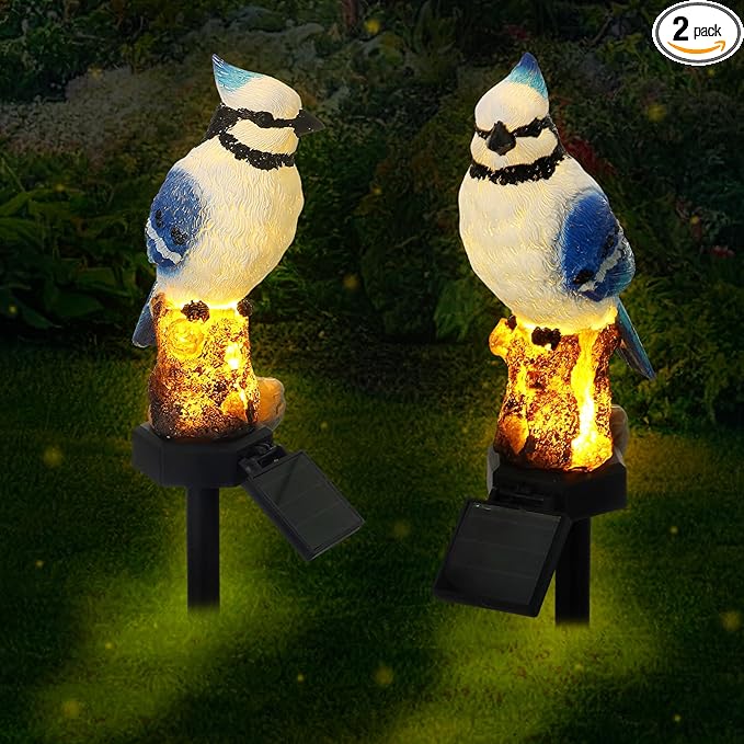 Baquler 2 Pack Blue Jay Solar Lights Blue Jay Outdoor Decor Bluebird Solar Light Bird Figurine Garden Stake for Pathway Garden Lawn Yard Decorations