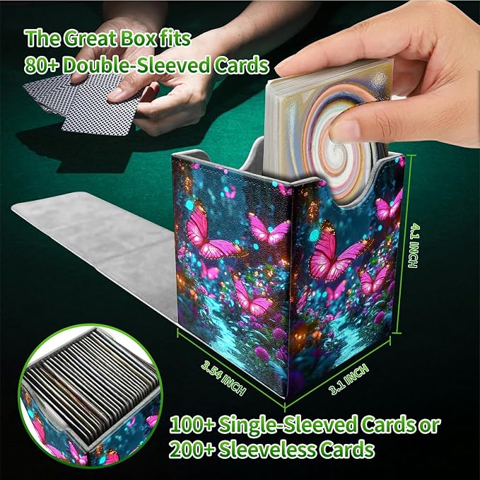 Pink Butterfly Forest Card Deck Box for MTG, Personalized Card Storage Case Fits 120+ Sleeved Cards, Premium Leather TCG Box with Strong Magnetic Closure for Magic, PTCG, Baseball Cards