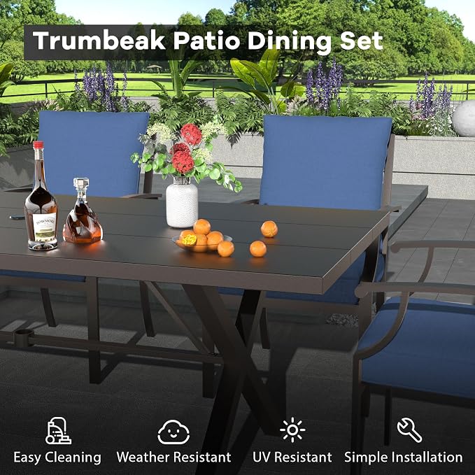 7-Piece Patio Dining Set Outdoor Conversation Set,Metal Outdoor Furniture Set with Umbrella Hole Cut-Out 78.7" x 35.4" Table and 6 Metal Chairs for Backyard,Garden,NavyBlue